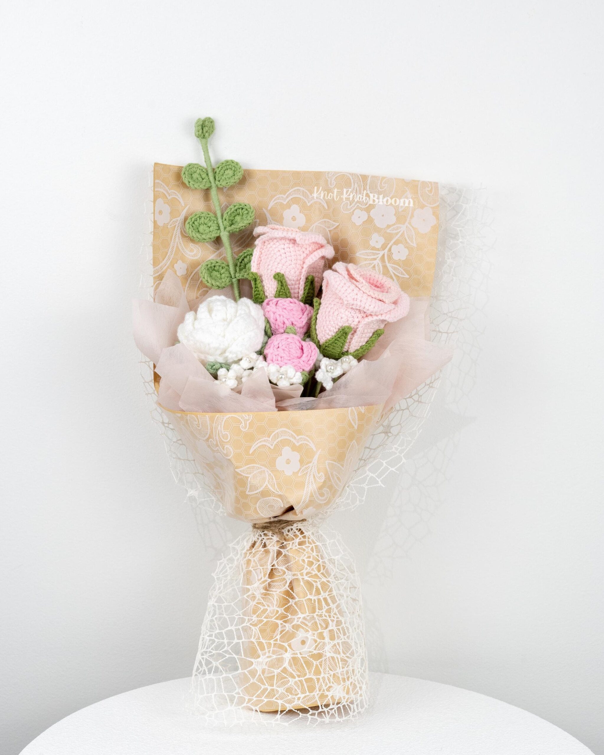 Beautiful Handmade Crochet Pink Rose Bouquet Valentine's Day Graduation Gift Knitted Craft - Image 8