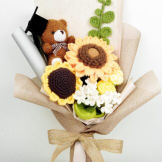 Cute Small Brown Bear Crochet Sunflower Graduation Bouquet Graduation Gift Teddy Bear Graduation Cap Knitted Craft