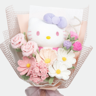 Crochet Flowers In Pink Theme With Large Kitty Plushie Bouquet Graduation Birthday Baby Shower Gift
