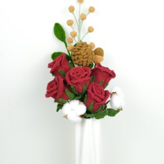 Handmade Crochet Rose Bunch (unwrap) - Claret Red Knitted Flowers, Christmas Gift, Valentine's Gift