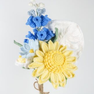 Beautiful Blue & Yellow Theme Crochet Flower Bouquet (Unwrap) Home Decor Graduation Birthday Father's Day Gift