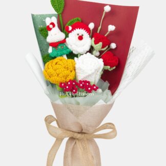 Crochet Santa Rabbit Red Rose Flower Bouquet / Christmas Xmas Gift /  New Year Celebration / Graduation Gift / Knitted Craft