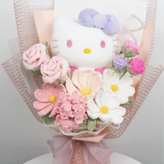 Cute Crochet Flowers In Pink Theme With Large Kitty Plushie Bouquet / Graduation Gift / Birthday Gift / Valentine's Day Gift / Knitted Craft