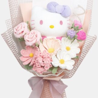 Cute Crochet Flowers In Pink Theme With Large Kitty Plushie Bouquet Graduation Gift Valentine's Day Gift