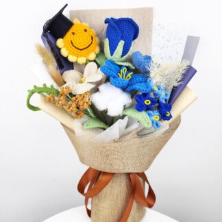 Blue Theme Smiley Face With Cap Crochet Tulip Graduation Bouquet / Boy Girl Graduation Gift / Uni Flowers Bouquet / Knitted Craft
