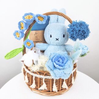 Newborn Unisex Blue Plushie Crochet Flowers Muslin Swaddle Basket / Baby Hamper / Baby Shower Gift Box / Welcome Home New Baby Gift