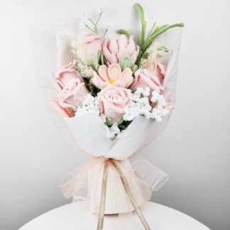 Beautiful Handmade Crochet Pink Queen Protea Rose Flower Bouquet Mother's Day Graduation Xmas Valentine's Day Gift