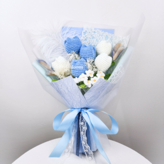 Beautiful Crochet Tulip Blue & White Theme Flower Bouquet Wedding Bouquet Bridal Shower Gift Mother's Day Gift