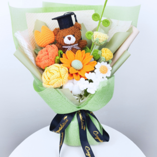 Cute Small Brown Bear Crochet Flower Graduation Bouquet Grad Celebration Gift