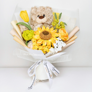 Cute Large Teddy Bear Crochet Sunflower Flower Bouquet Graduation Birthday Teacher's Gift Knitted Craft